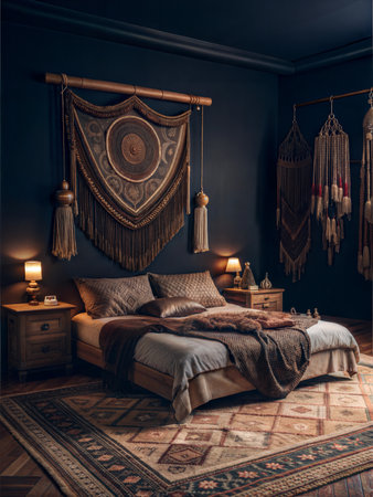 A bohemian-inspired bedroom with a colorful and eclectic mix of patterns and textures. Features a  large bed with patterned bedding, a macrame wall hanging, and a variety of plants.の写真素材