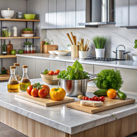 A modern kitchen design featuring a sleek marble kitchen island with an integrated sink, storage...