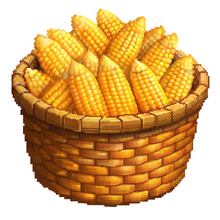 Digital illustration of corn in a basket, pixelated style, suitable for use in various digital projects.のイラスト素材