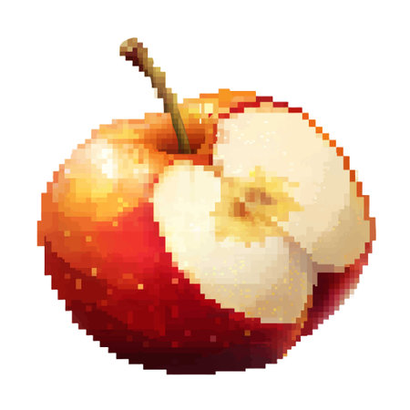 Close-up pixelated image of a sliced apple, isolated on a transparent background.のイラスト素材