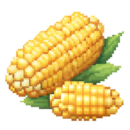 Close-up view of pixelated corn kernels, isolated on a transparent background.のイラスト素材