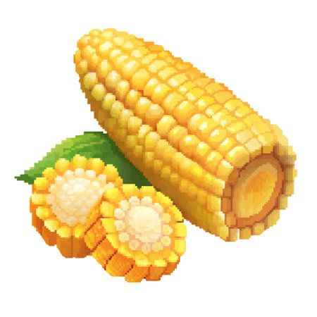 Close-up view of sliced corn kernels, pixelated effect, isolated on a transparent background.のイラスト素材