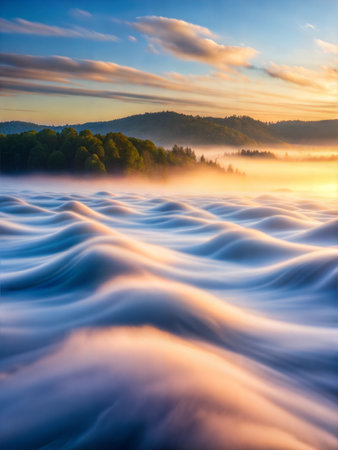 A 3D rendering of thin, smooth waves of mist rolling gently. The white mist appears ethereal and soft against a black background.の写真素材