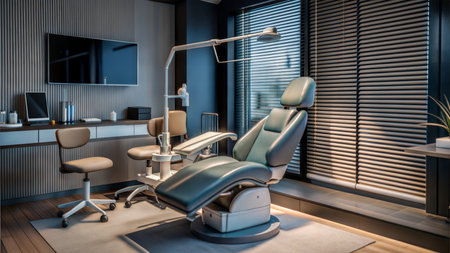 A contemporary dental clinic interior with a comfortable chair, modern equipment, and a clean, professional atmosphere.の写真素材
