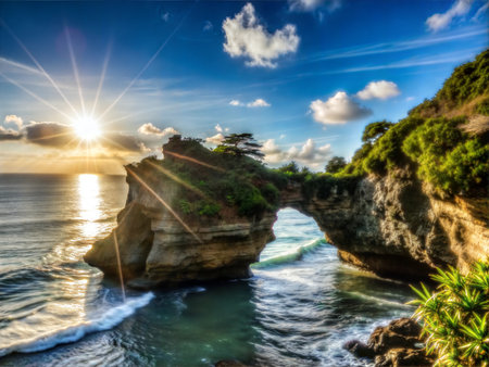 A breathtaking sunrise paints the sky in vibrant hues as it casts its golden light over majestic rock formations on a rugged coastal cliff.の写真素材