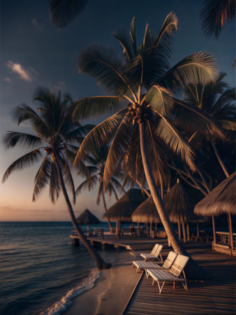 A serene tropical beach in the Maldives with white sand, turquoise water, and swaying palm trees. This idyllic scene offers a picturesque escape to paradise.の写真素材