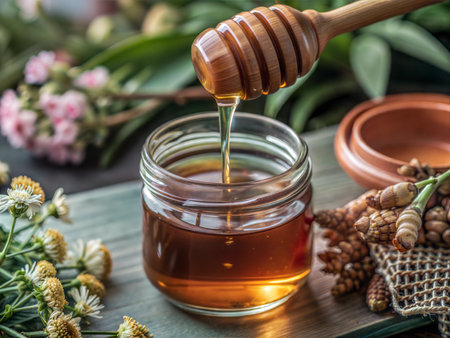 A close-up shot of golden honey being poured into a glass jar, showcasing its viscous texture and rich color. The honey flows smoothly, creating a beautiful swirl pattern.の写真素材