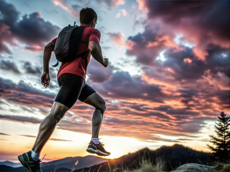 A silhouette of a male trail runner with a head lamp running on a trail against a vibrant purple sunset. The image captures the beauty of outdoor running and the determination of the runner.の写真素材