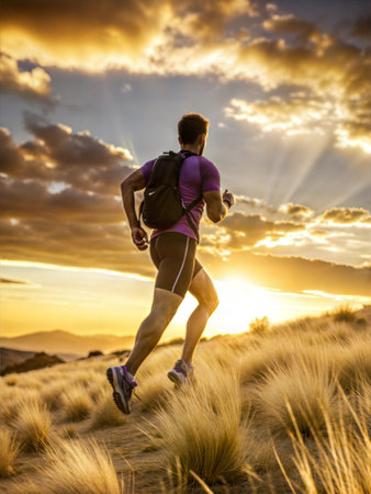 Young man running in the desert at sunset. Healthy lifestyle concept.