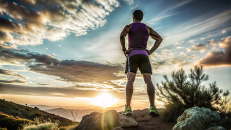 A male trail runner is silhouetted against a vibrant purple sunset, showcasing the beauty of nature...
