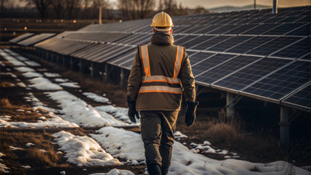 A construction worker walks through a vast solar field, highlighting the growth of renewable energy.の写真素材