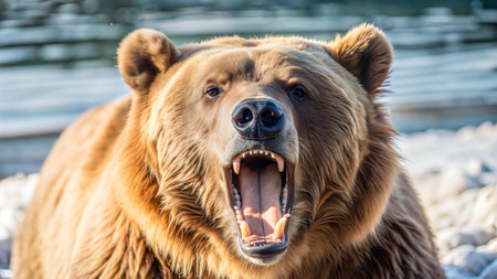 A close-up of a large, brown bear (Ursus arctos) growling with its mouth open, showcasing its...