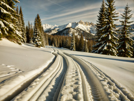 A scenic view of ski tracks winding through a snowy landscape in the Rocky Mountains. The sun is...