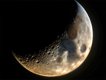 A close-up photograph of a thin crescent moon, revealing intricate details of its surface, including craters, maria, and highlands.の写真素材