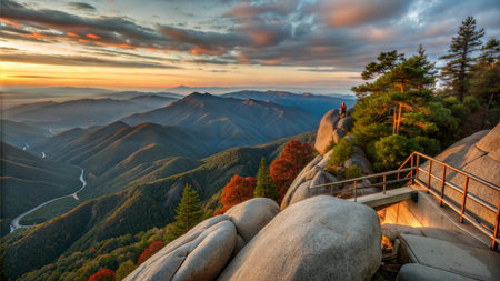 A breathtaking view of the Sierra Nevada mountains at dusk, captured from the summit of Moro Rock in Sequoia National Park. The sky is ablaze with vibrant hues of orange, pink, and purple, casting a warm glow on the towering granite cliffs and lush forest below.の写真素材