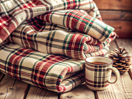 A close-up of a soft, cozy red, green, and white plaid throw blanket with a textured surface. The blanket is perfect for snuggling up on the couch or adding warmth to a bed.の写真素材