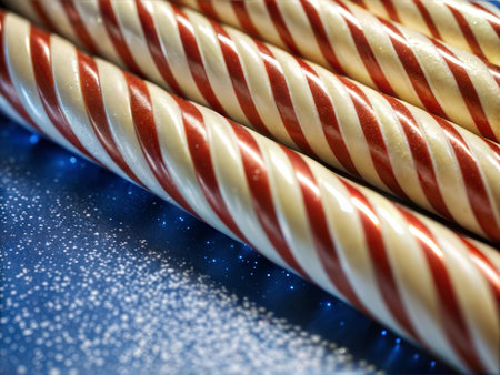 Christmas candy canes on a blue background. Close-up.の写真素材