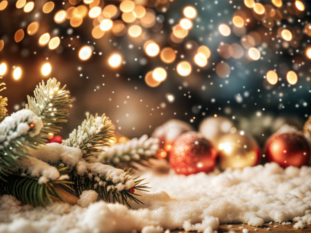 A serene and beautiful image of softly falling snowflakes against a backdrop of warm bokeh lights, creating a dreamy and festive atmosphere.の写真素材