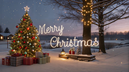 A close-up shot of a Christmas tree decorated with colorful baubles, twinkling lights, and a festive red bow.の写真素材