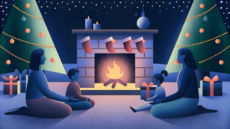 A cozy illustration of a Christmas gift exchange happening by a warm fireplace.の写真素材