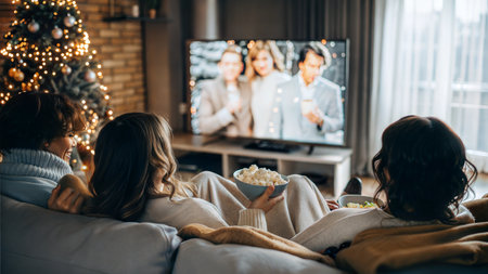 A warm and inviting scene of a Christmas movie night with popcorn, blankets, and twinkling lights.の写真素材