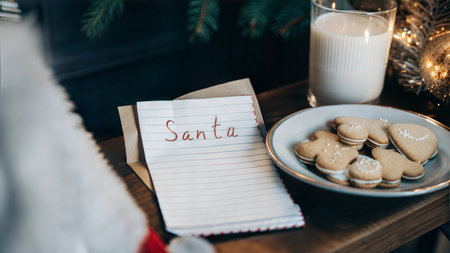 A festive scene with a letter to Santa, cookies, and a glass of milk, ready for a visit from the jolly old elf.の写真素材