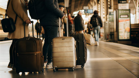 A colorful collection of luggage sits on a train platform, ready for a holiday adventure.