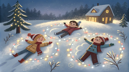 A whimsical illustration of snow angels with twinkling Christmas lights, perfect for winter holiday themes.の写真素材