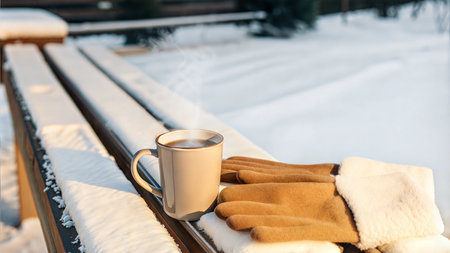 A cozy scene of winter with hot chocolate and mittens on a snowy bench.の写真素材
