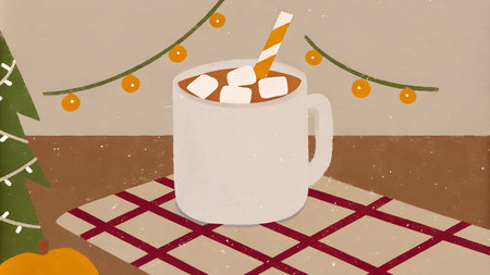 A festive illustration of a Christmas cocoa station with a mug of hot cocoa topped with mini marshmallows and a sprinkle of cinnamon.の写真素材