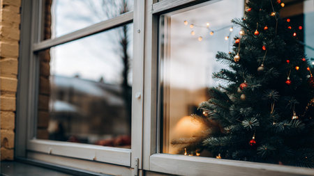A beautifully decorated Christmas tree is reflected in a window pane, creating a festive and magical...
