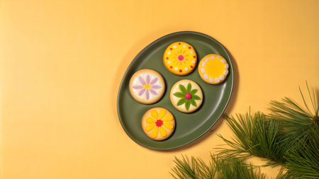 A festive assortment of holiday cookies decorated with pressed edible flowers.