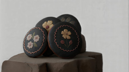 Close-up of beautifully decorated holiday cookies featuring pressed edible flowers.