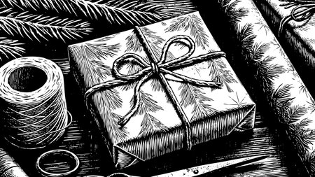 A hand wraps a gift with brown paper, twine, and sprigs of greenery for a natural and rustic look.の写真素材