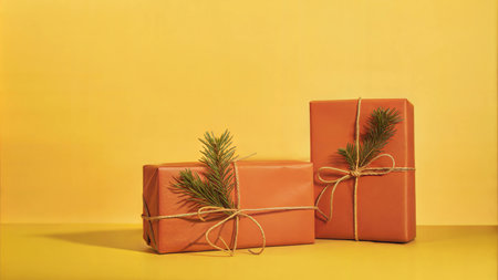 Close-up shot of a gift wrapped in brown paper, tied with twine and decorated with sprigs of pine.