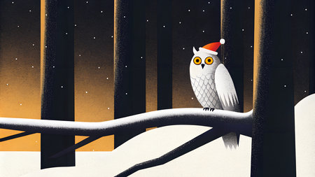 Illustration of a snowy owl with a red Santa hat perched in a snowy landscape.の写真素材
