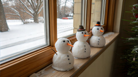 Cute miniature snowmen figurines arranged on a window sill, creating a festive winter scene.の写真素材