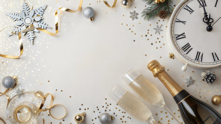 A festive backdrop for your New Year's greetings. This elegant design features gold accents, confetti, and sparkling lights.の写真素材