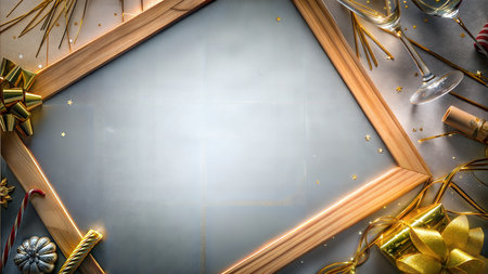 A sophisticated New Year's inspired background with gold glitter, black and white abstract shapes, and sparkling lights.の写真素材