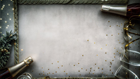 A sophisticated background with gold accents, perfect for celebrating the new year. Featuring a textured black backdrop, shimmering gold confetti, and a festive touch of greenery.