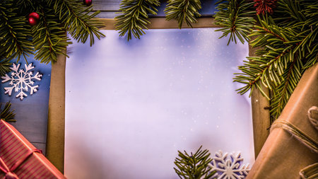 A festive Christmas tree with a blank space for adding text, perfect for holiday greetings or promotions.の写真素材