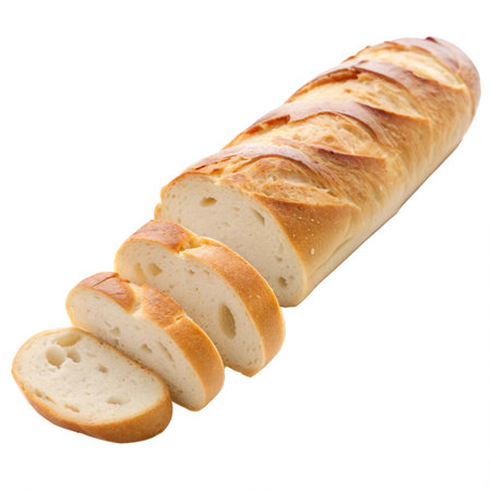 A freshly baked baguette sliced in half, showing its airy crumb, set against a clean white...