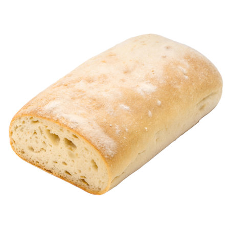 Isometric view of a crusty ciabatta loaf on a white background. Ideal for bakery or food websites.の写真素材
