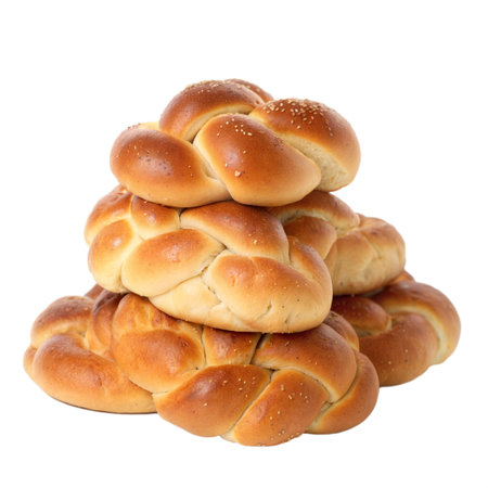 A high-angle, close-up shot of a pile of golden challah breads on a white background.の写真素材