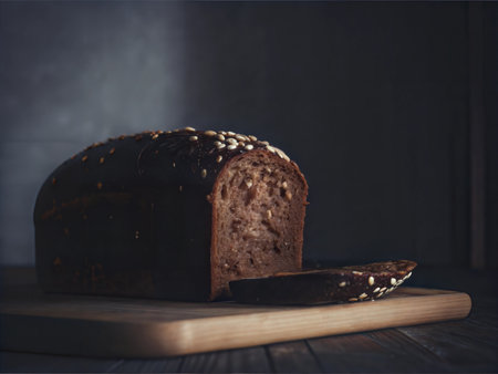 A freshly baked loaf of dark rye bread, showcasing its dense texture and rich color.の写真素材