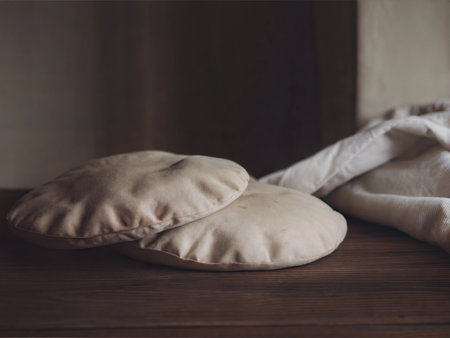 A picture of freshly baked pita bread, golden brown and slightly puffy.の写真素材