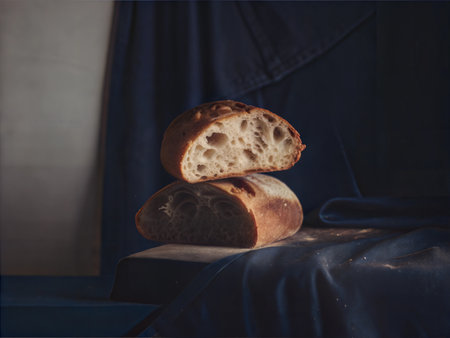 Close-up of a rustic sourdough bread loaf, showing its texture and crust.の写真素材