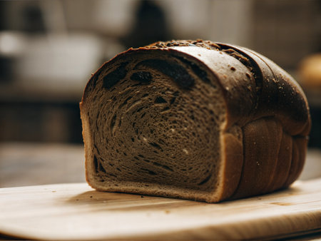 A detailed image of a freshly baked rye bread loaf, showing its texture and crust.の写真素材