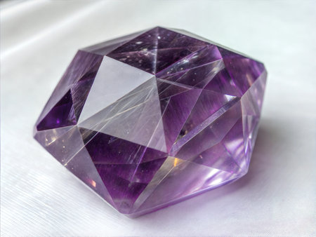 Close-up view of a beautiful amethyst geode cluster with purple crystals. Shows the intricate...