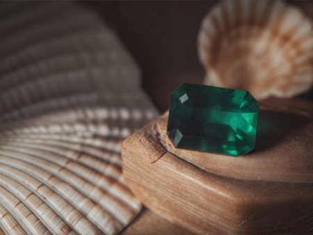 A detailed close-up shot of a vibrant green emerald gemstone.  The image showcases its clarity and intricate details.の写真素材